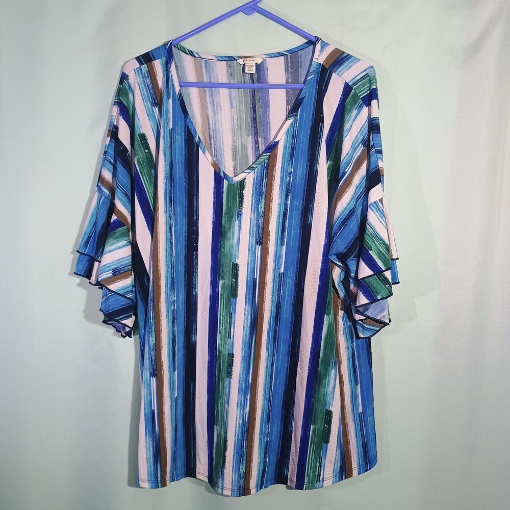 Women’s Blue Green Striped Blouse V Neck Ruffle Sleeve Multicolor Casual Top